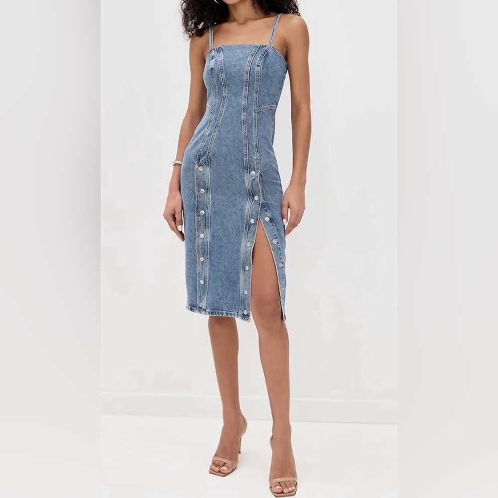 Fleur du Mal Blue Denim Dress Women's Size 6 Cotton Button Front Midi Dress
